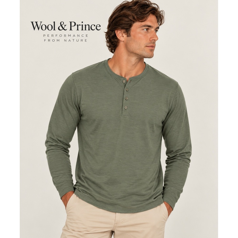 Wool & Prince Mens Merino Wool Blend Long Sleeve Henley Shirt Olive Green XS
